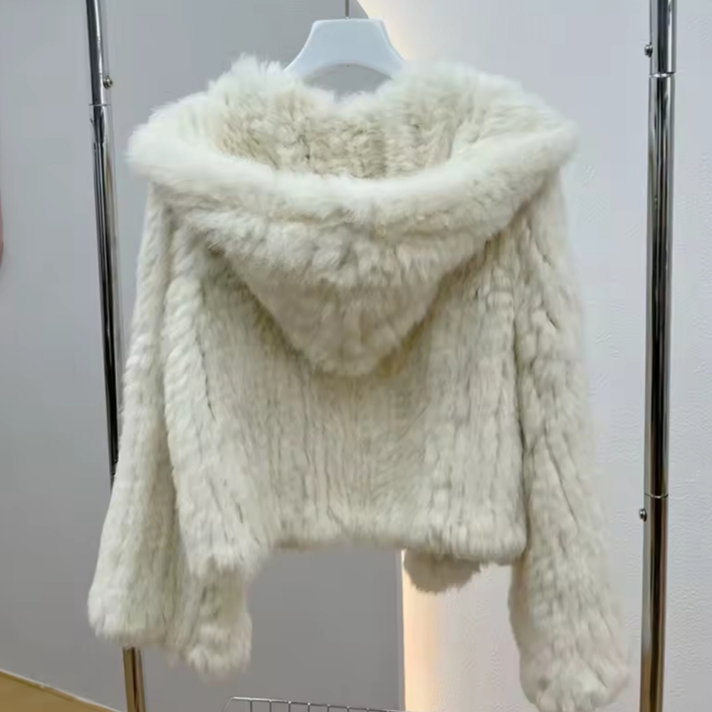 Coat Long Sleeve WomenCasual Loose Knitted Genuine Fur Jacket With HoodFemale - Picture 4 of 5